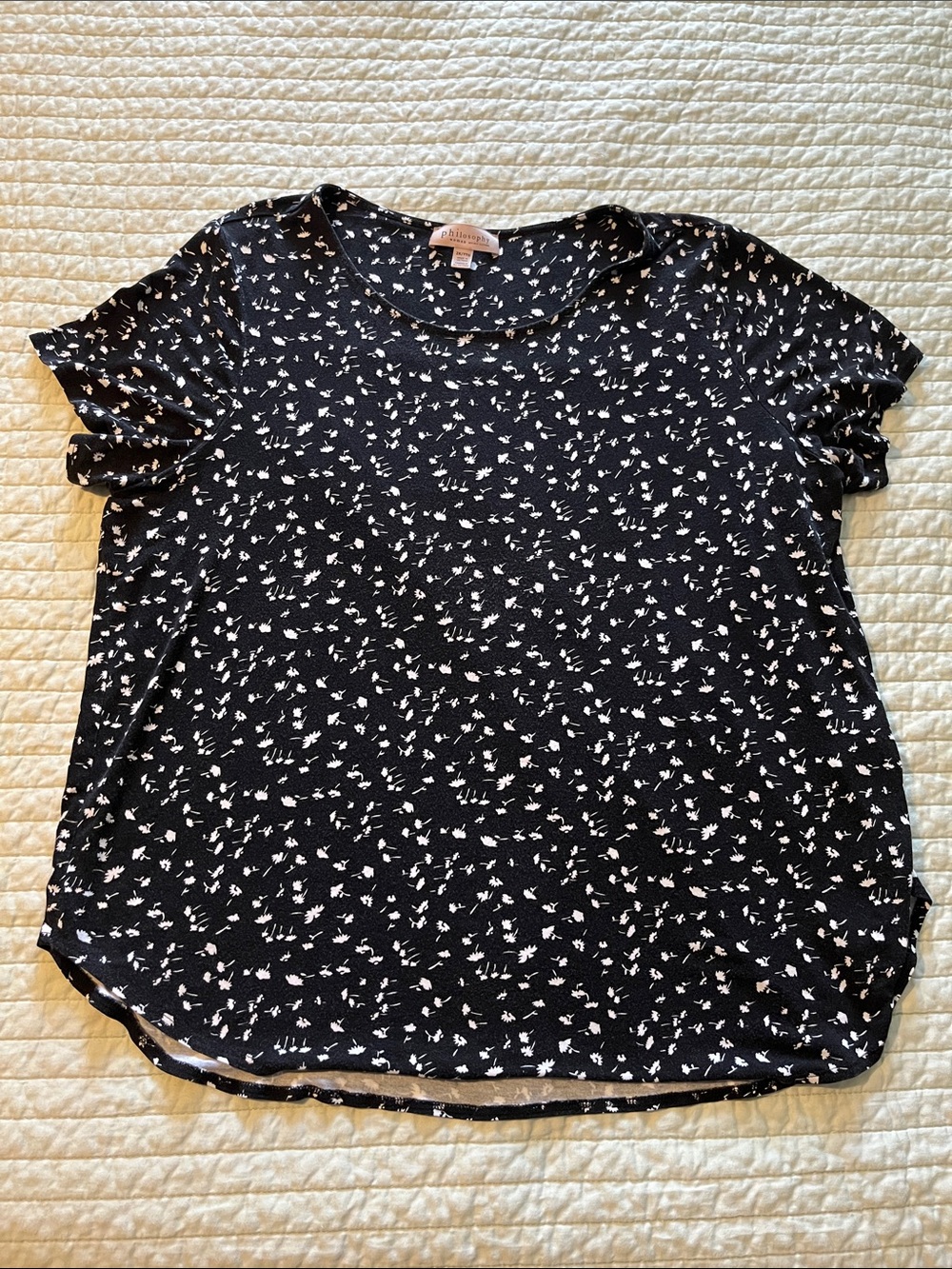 Philosophy Black Tee with White Floral Scatter - Short Sleeve